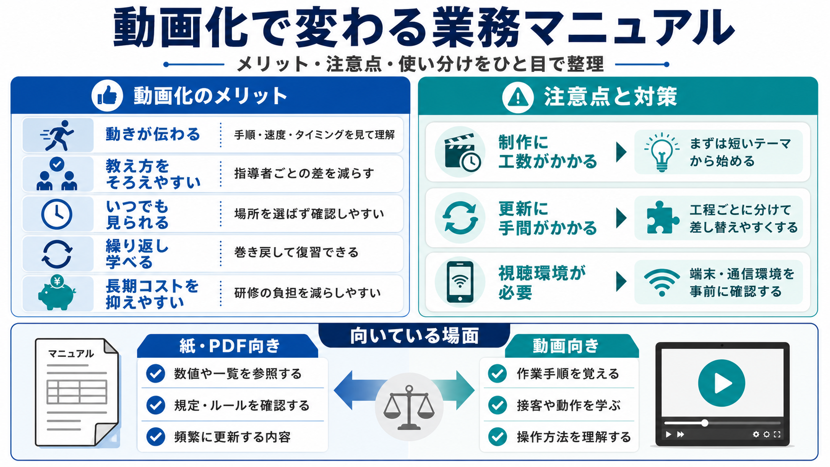 動画化で変わる業務マニュアル——メリット・注意点・使い分けをひと目で整理