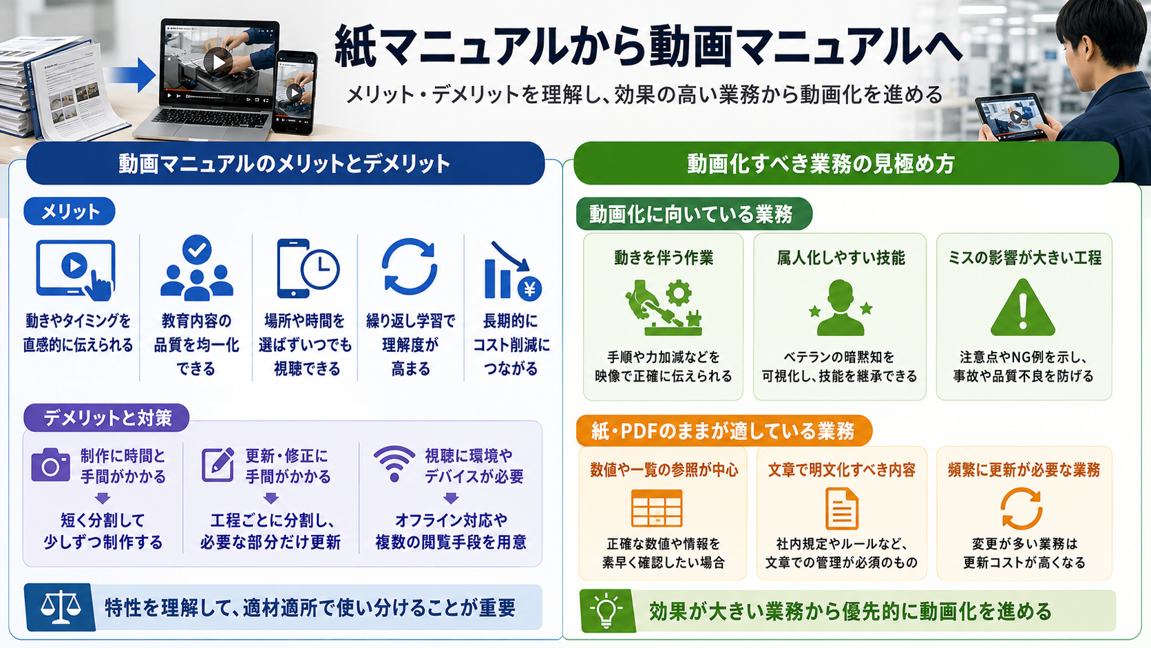 紙マニュアルから動画マニュアルへ——メリット・デメリットを理解し、効果の高い業務から動画化を進める