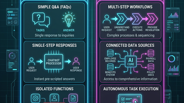AIエージェントとチャットボットの機能比較を示す概念図