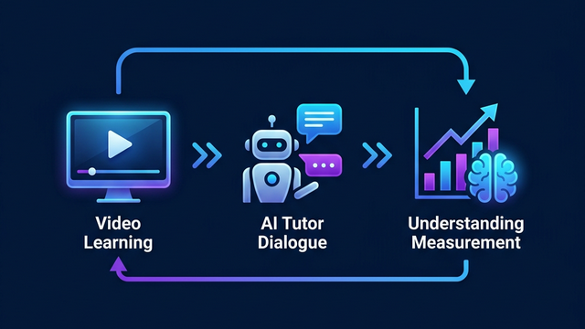 ソクラテス式AIエージェントによる対話型学習ループの概念図（Nano Banana Proで生成：左に動画視聴フェーズ、右にAIエージェントとの問答フェーズを矢印で繋いだフロー図。背景はグレー、アクセントカラーはブルー）