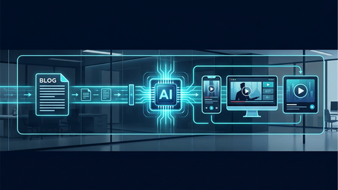 AI動画によるArticle-to-Videoフローの概念図：テキスト資産からAI動画ツールを経由して複数プラットフォームへ自動展開されるフロー