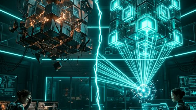 AIエージェントによる業務フローのビフォーアフターを象徴する比較イメージ