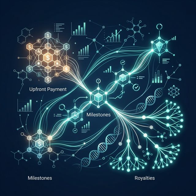 前払い・マイルストーン・ロイヤリティの契約構造とパイプラインの関係図