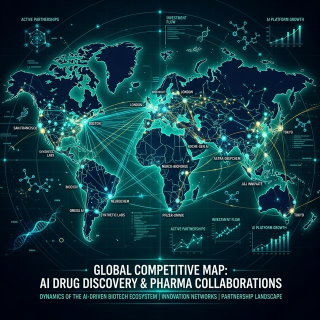 AI創薬市場2026年の競合地図と提携構造の概念図
