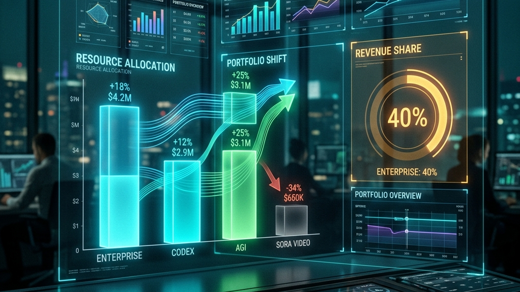 OpenAI事業ポートフォリオの資源シフト——Codex・Enterprise拡大とSora終了の概念図
