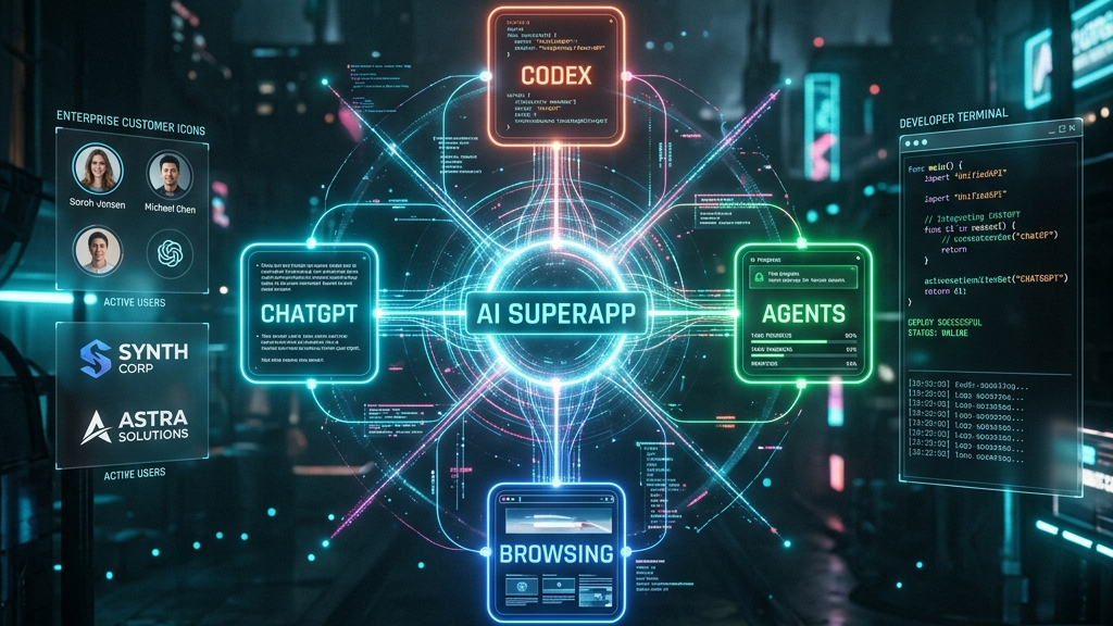 ChatGPT・Codex・エージェント・ブラウジングを統合するUnified AI Superappの概念図
