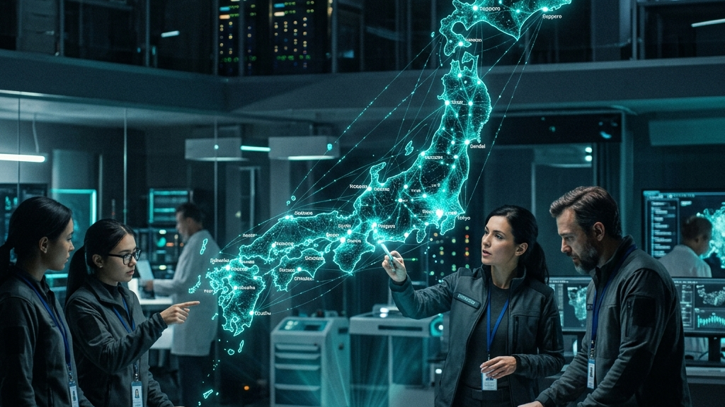 AI人材育成と日本地図のデジタルツインイメージ