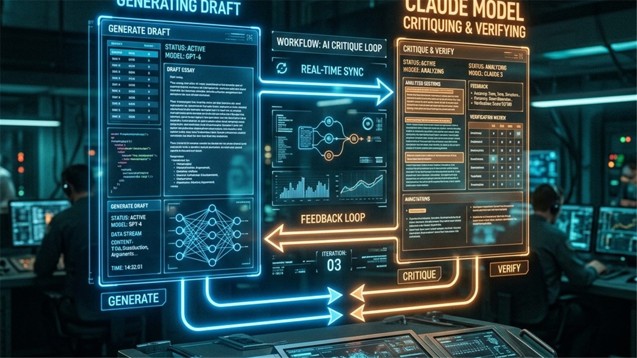 GPTが生成し、Claudeが評価・検証するCritique機能の概念図