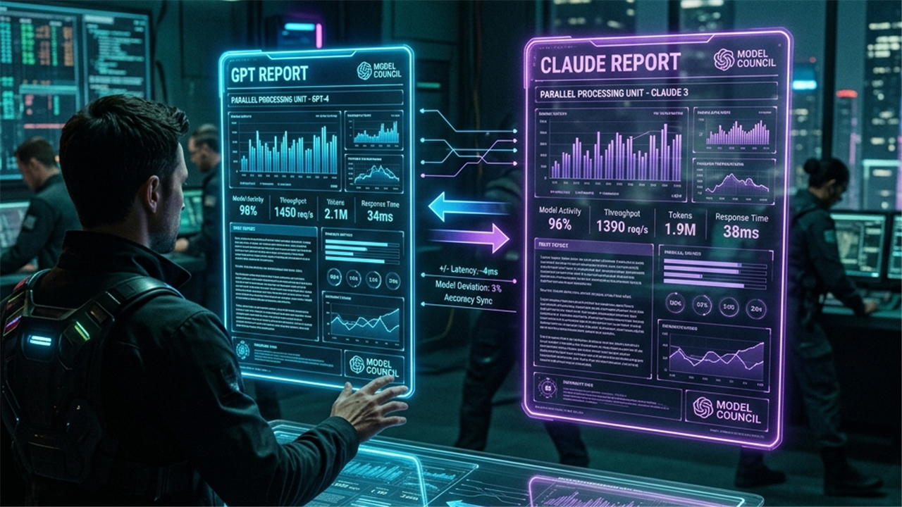 GPTとClaudeが並行稼働し独立レポートを生成するModel Councilの概念図