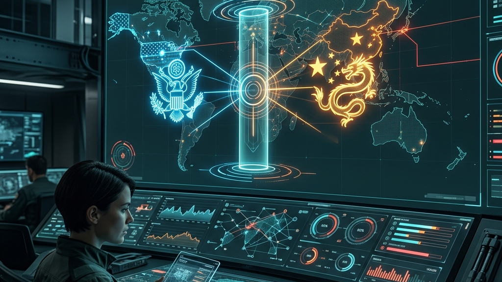 地政学的な勢力図とAI規制のダッシュボードイメージ