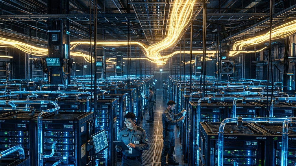 AI推論の爆発と1GWの電力規模を象徴するデータセンター内部のイメージ