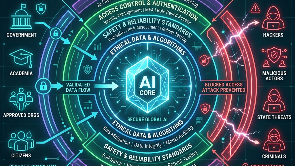 AIガードレールの概念図：複数の保護層による悪用防止イメージ