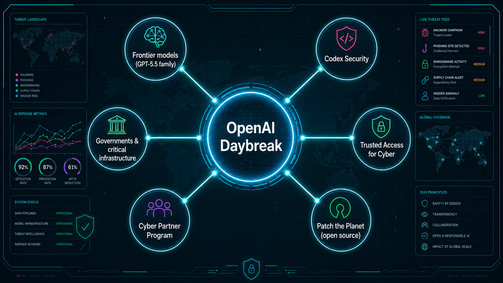 Daybreakの全体構成。中心の「OpenAI Daybreak」を、フロンティアモデル（GPT-5.5系）・Codex Security・Trusted Access for Cyber・Patch the Planet（オープンソース）・Cyber Partner Program・政府および重要インフラの6つの要素が囲む、ハブ型の構成図。