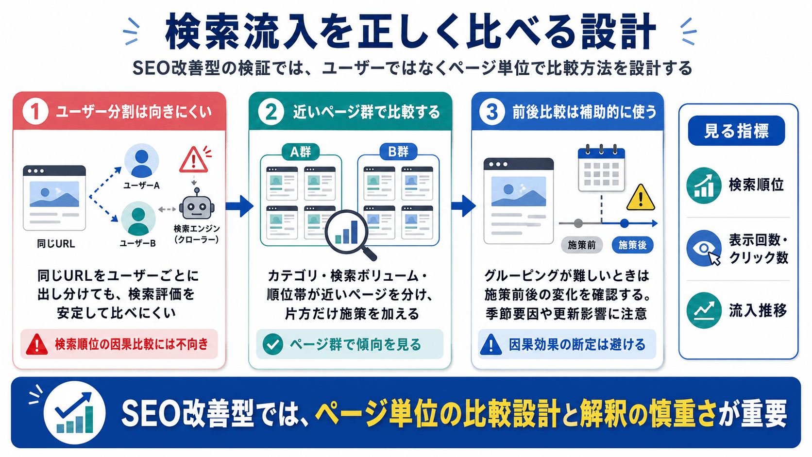 SEO改善型A/Bテストの設計ポイント（ユーザー分割の限界・ページ群比較・前後比較の注意点）の図解